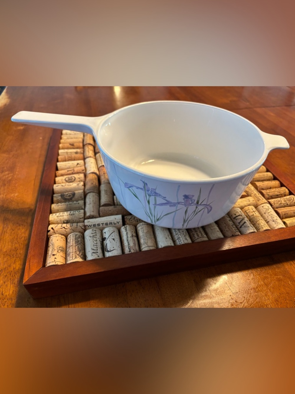 Corningware White Casserole with Purple Floral ‘Shadow Iris’ Pattern